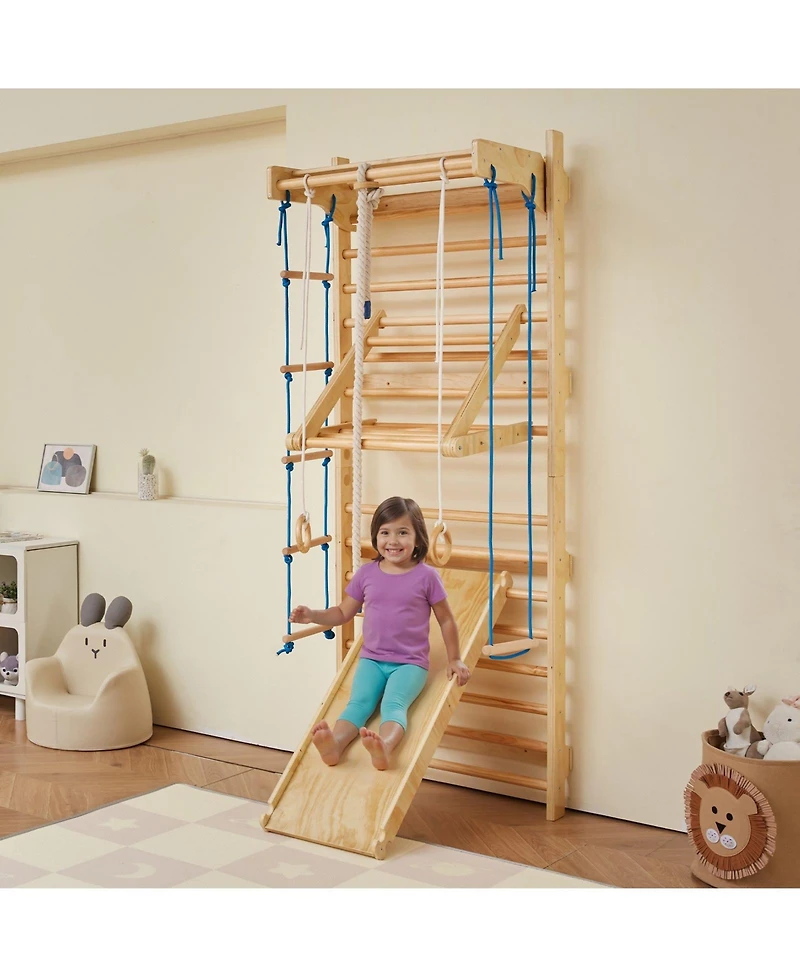 Slickblue 8 in 1 Wooden Wall Gym Ladder with Swing and Climbing Accessories, 220 lbs Capacity, Ages 3-10