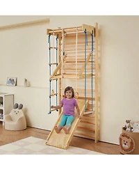 Slickblue 8 in 1 Wooden Wall Gym Ladder with Swing and Climbing Accessories, 220 lbs Capacity, Ages 3-10