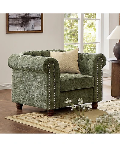 Morden Fort Chenille Rolled Arm Chair with Button Tufted Back and Nailhead Chesterfield Single Small Chair for Living Room