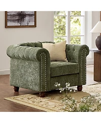 Morden Fort Chenille Rolled Arm Chair with Button Tufted Back and Nailhead Chesterfield Single Small Chair for Living Room
