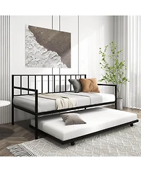 Mecale Twin Daybed with Roll-Out Trundle, Metal Sofa Bed Frame Set