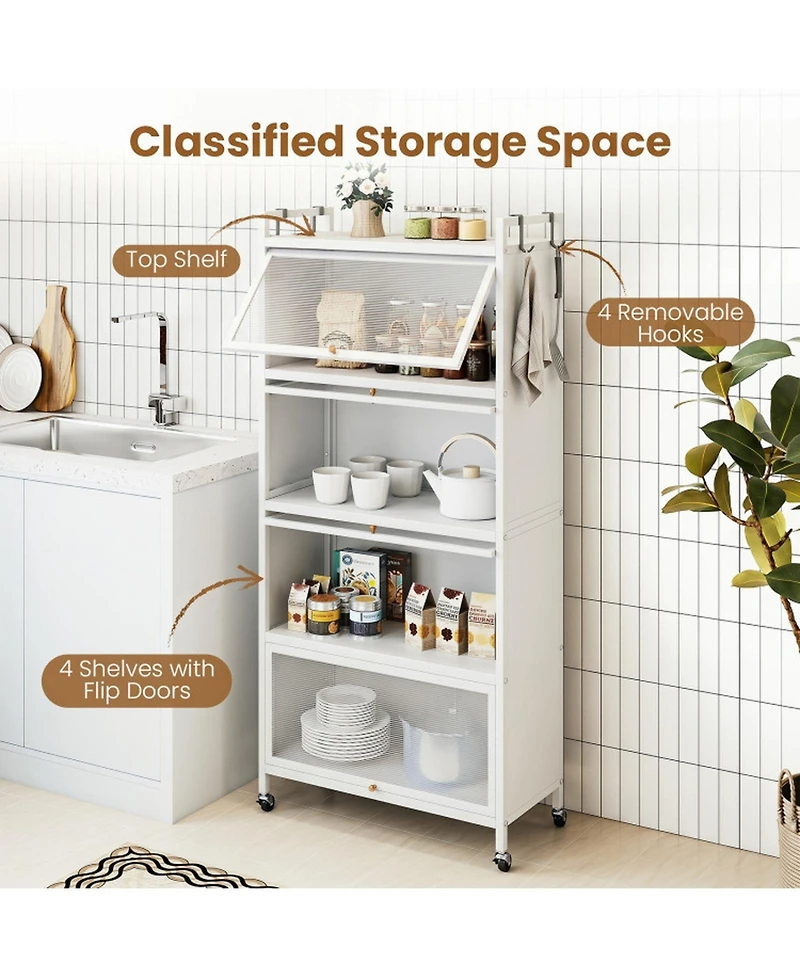 Sugift 5-Tier Rolling Kitchen Pantry Storage Cabinet with Flip-Up Transparent Doors and Adjustable Feet