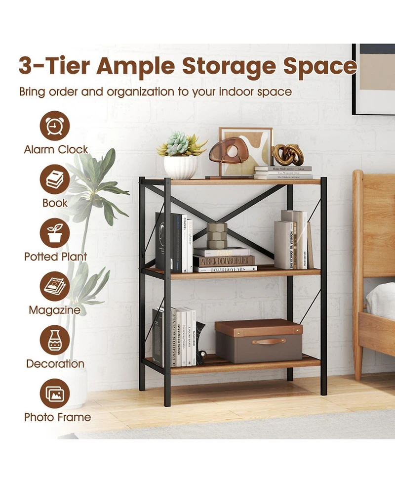 Sugift 3-Tier Open Bookshelf with Heavy-Duty X-Braced Metal Frame