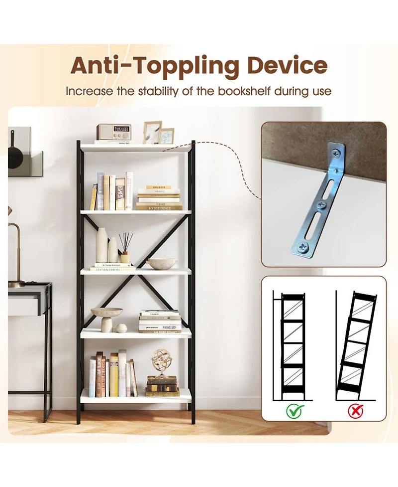 Sugift 62 Inch 5-Tier Industrial Bookcase with X-Braced Heavy-Duty Metal Frame