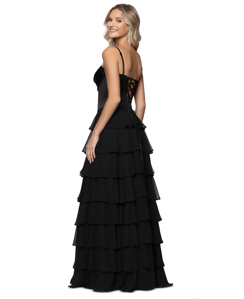 Blondie Nites Juniors' Sweetheart Chiffon Tiered Lace-Up Back Corset Ball Gown