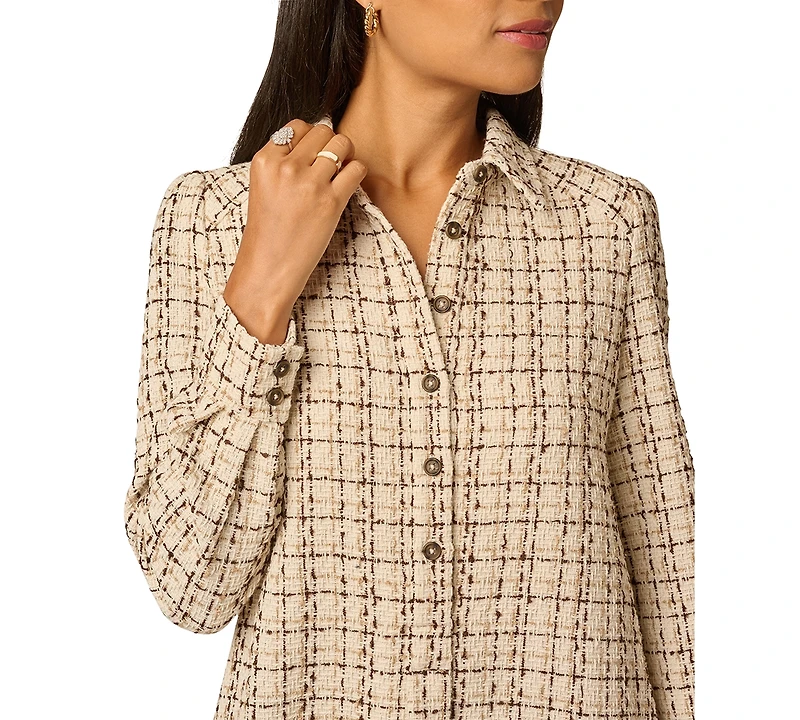 Adrianna Papell Women's Hailey Tweed Long-Sleeve Ruffled-Hem Shirt Dress