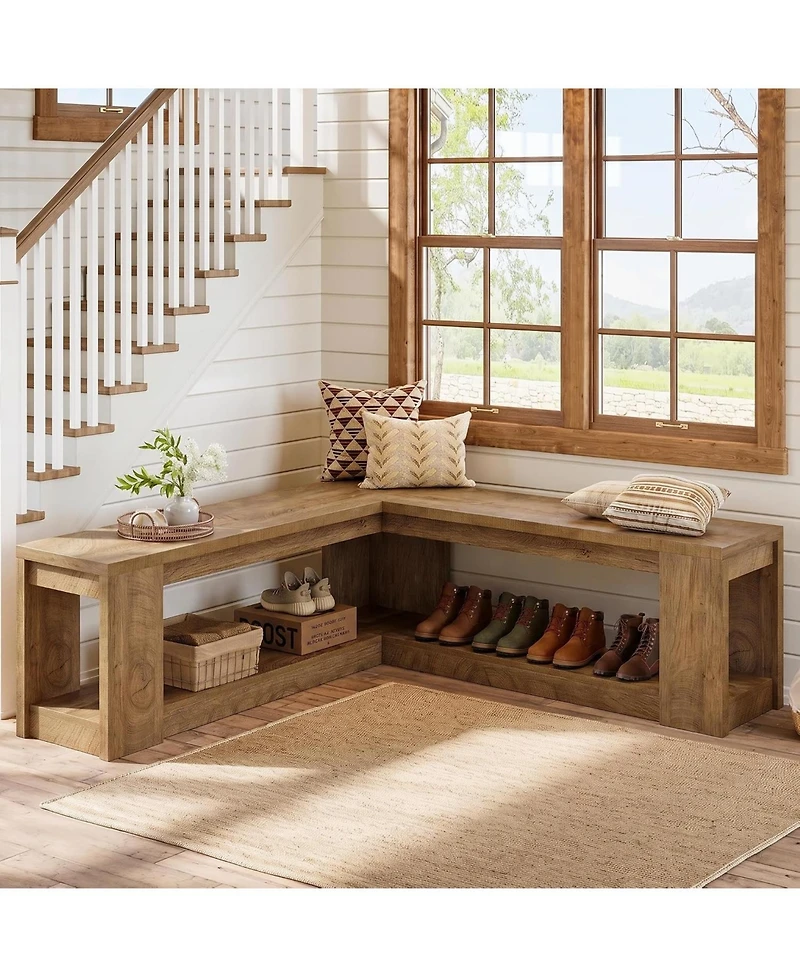 Tribesigns L-Shaped Corner Bench:61" breakfast nook bench with storage.Farmhouse wooden dining bench with shelf for living room,entryway. Backless
