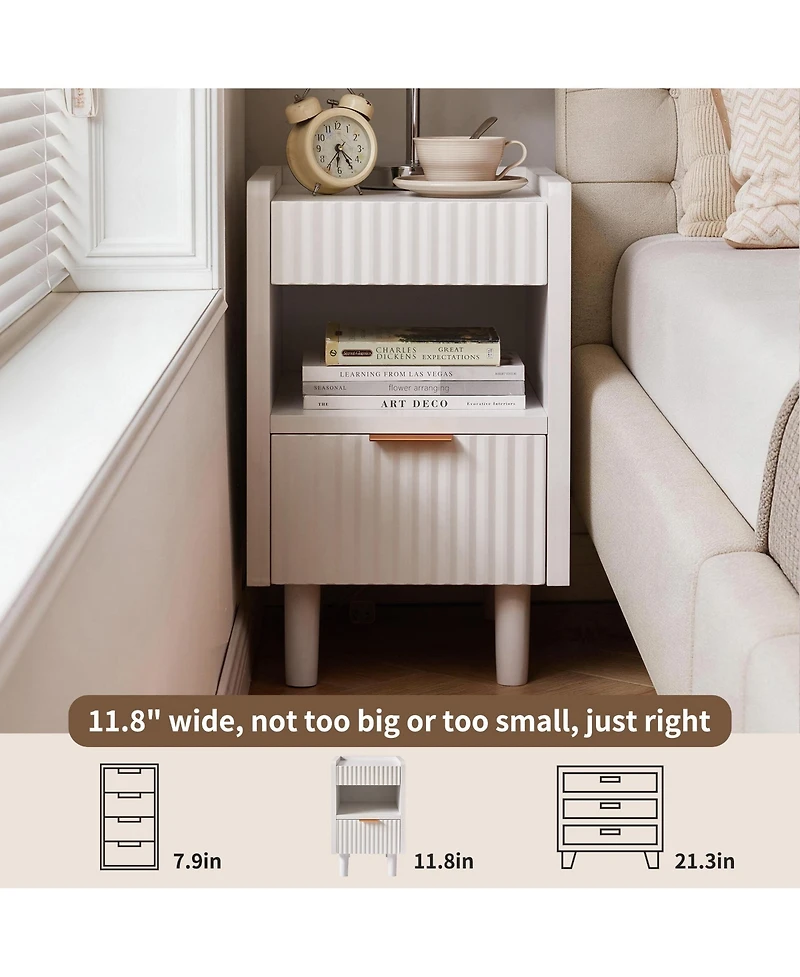 Flynama 2 Pack Fluted Nightstand, Integrated Base Bedside Table with Drawer and Open Cubby
