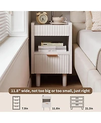 Flynama 2 Pack Fluted Nightstand, Integrated Base Bedside Table with Drawer and Open Cubby