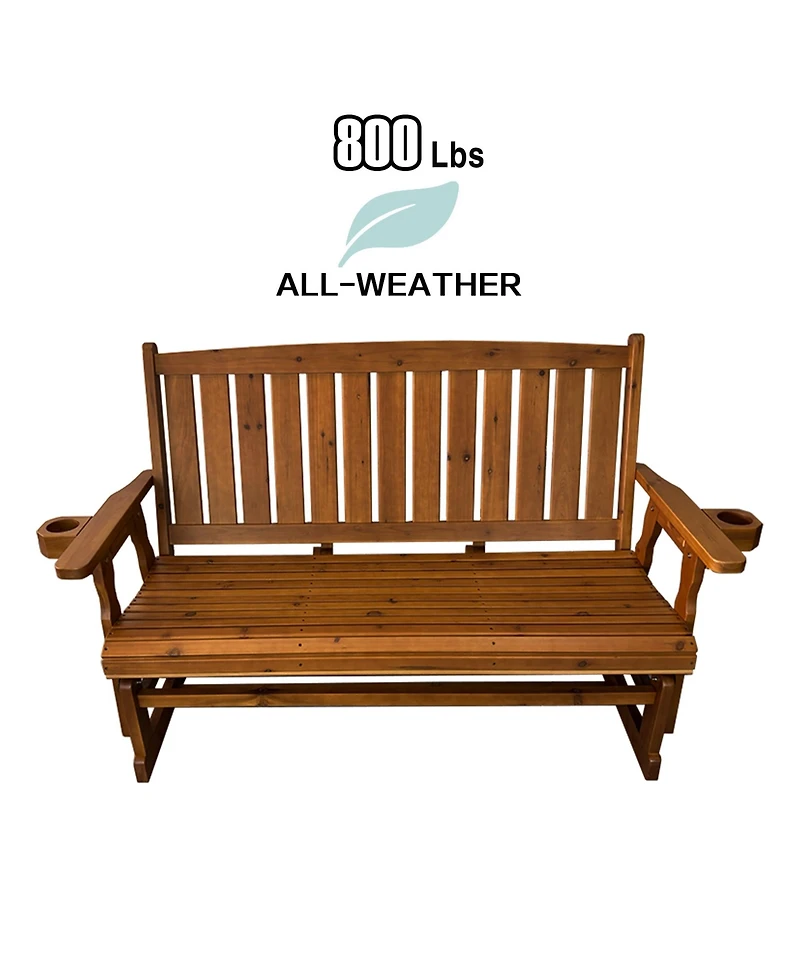 Innovaze 3 Seater Outdoor Wooden Glider Chair, Contoured Patio Bench with Built In Cup Holders for Comfortable Porch and Backyard Relaxation