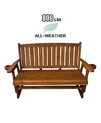 Innovaze 3 Seater Outdoor Wooden Glider Chair, Contoured Patio Bench with Built In Cup Holders for Comfortable Porch and Backyard Relaxation