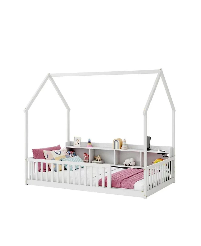 Streamdale Furniture Twin House Floor Bed with Storage, Led and Charging Station