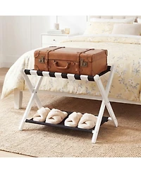 Sugift Folding Solid Rubberwood Luggage Rack for Guest Room with 2-Tier Nylon Shelves