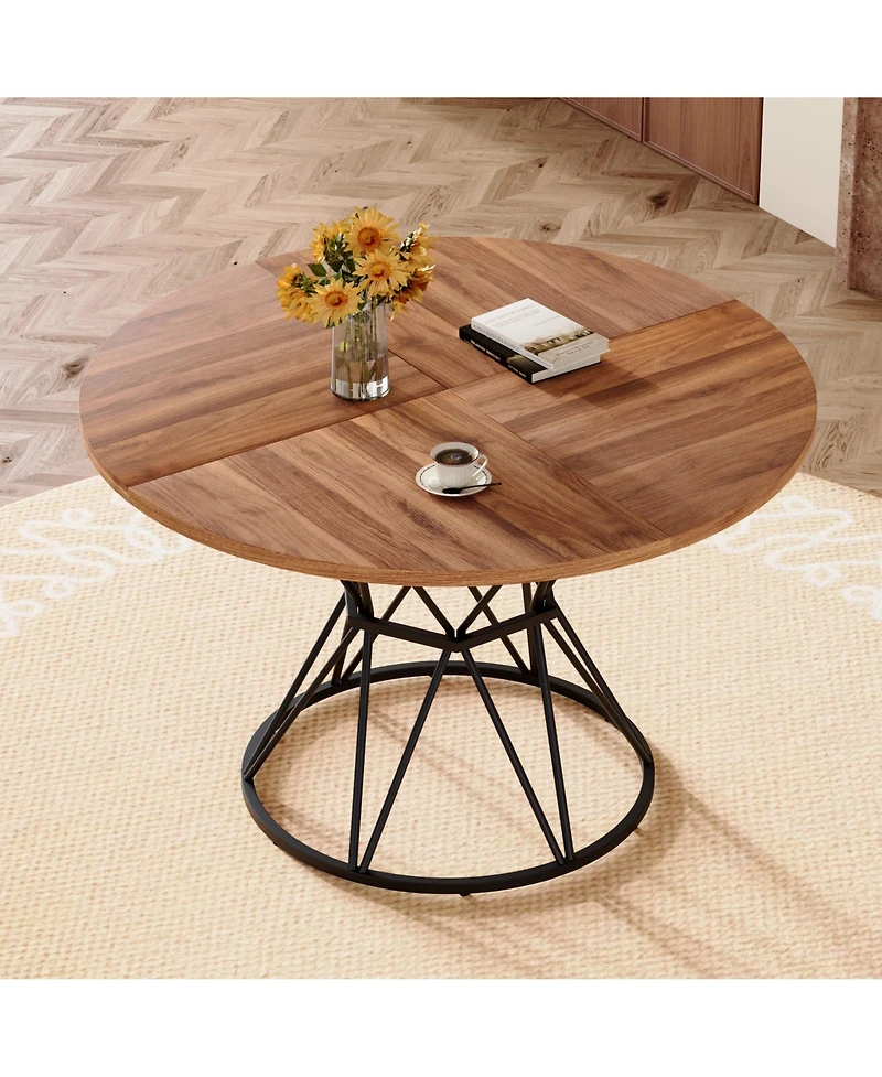 Flynama 47.3 Inch Walnut Wood Grain Round Dining Table with Hourglass Metal Bracket for 4-6 People