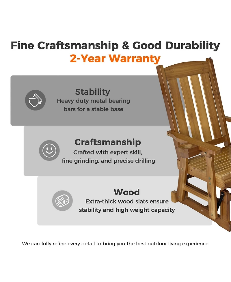 Mega Casa Solid Fir Wood Patio Glider for One Person, with High Back and Deep Contoured Seat