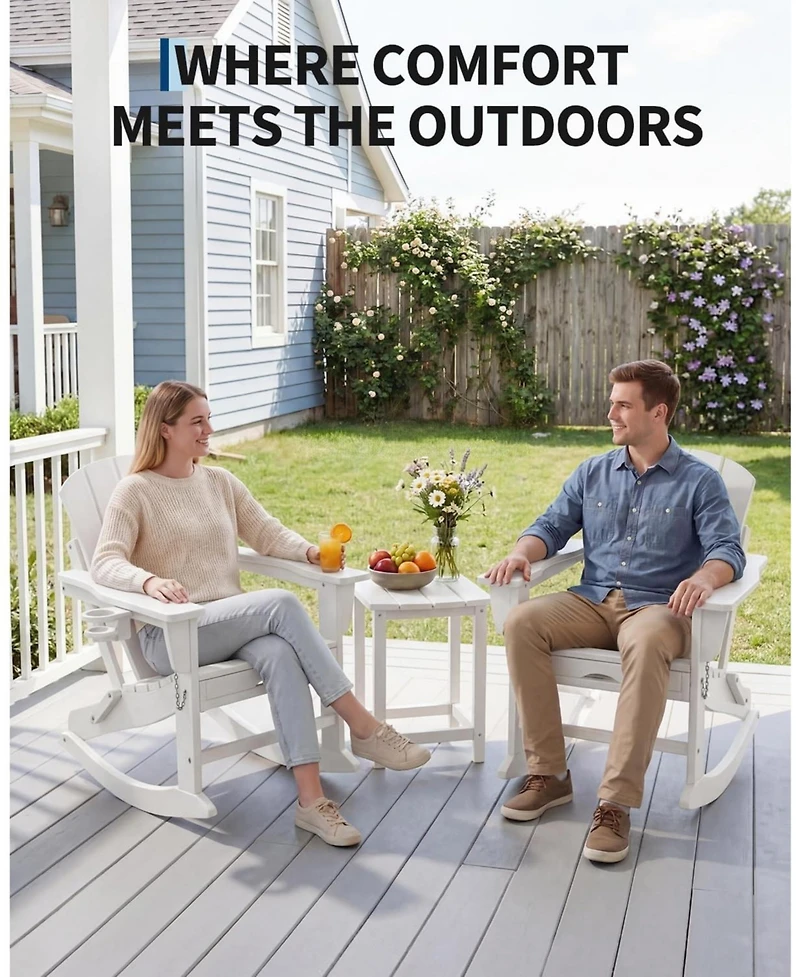 homfan Set of 2 Adirondack Rocking Chairs with Ottoman, Weather-Resistant Hdpe Patio Rockers with Cup Holders, Folding Outdoor Chairs.