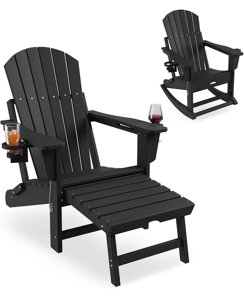 homfan Folding Hdpe Adirondack Rocking Chair with Cup Holders and Retractable Ottoman – Weather-Resistant Collapsible Outdoor Patio Lawn