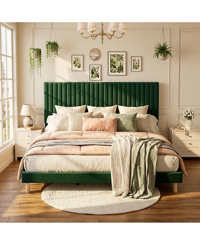 Gaomon Velvet Upholstered Platform Bed Frame with Adjustable Headboard, Vertical Channel Tufted, Strong Wooden Slats