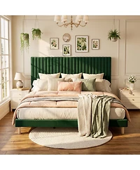 Gaomon Velvet Upholstered Platform Bed Frame with Adjustable Headboard, Vertical Channel Tufted, Strong Wooden Slats