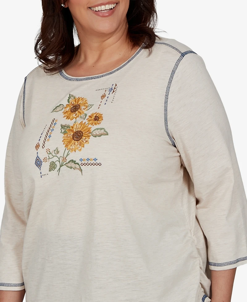 Alfred Dunner Plus 3/4-Sleeve Sunflower-Graphic Cotton-Polyester Blend T-Shirt