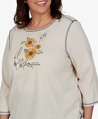 Alfred Dunner Plus 3/4-Sleeve Sunflower-Graphic Cotton-Polyester Blend T-Shirt
