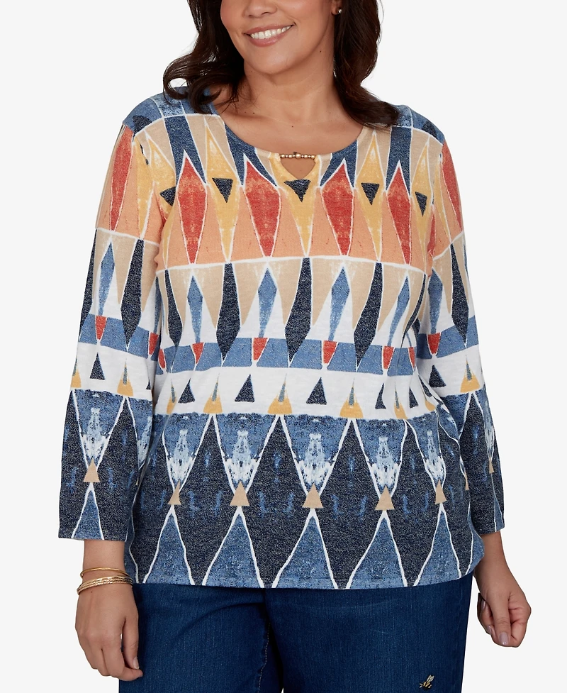 Alfred Dunner Plus 3/4-Sleeve Geometric-Print Keyhole Pullover Sweater
