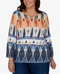 Alfred Dunner Plus 3/4-Sleeve Geometric-Print Keyhole Pullover Sweater