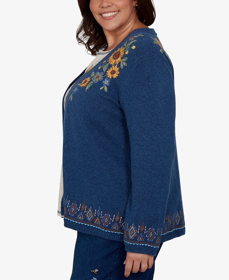 Alfred Dunner Plus V-Neck Long-Sleeve Floral-Embroidered Cotton-Blend Cardigan Sweater