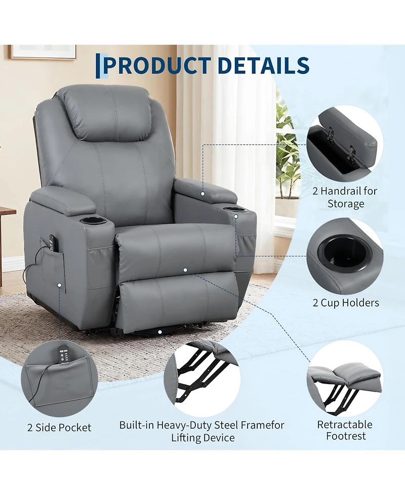 gaomon Electric Power Lift Recliner Chair with Heat and 8-Point Massage, Pu Leather, Storage and Cup Holders