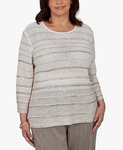 Alfred Dunner Plus Crew Neck 3/4-Sleeve Striped Sweater