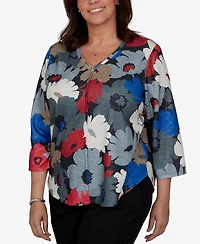 Alfred Dunner Plus Floral V-Neck 3/4-Sleeve Blouse