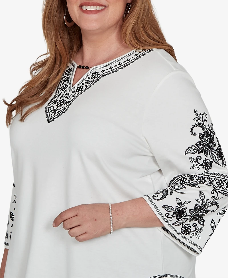 Alfred Dunner Plus 3/4-Sleeve Keyhole Neck Cotton-Blend Blouse