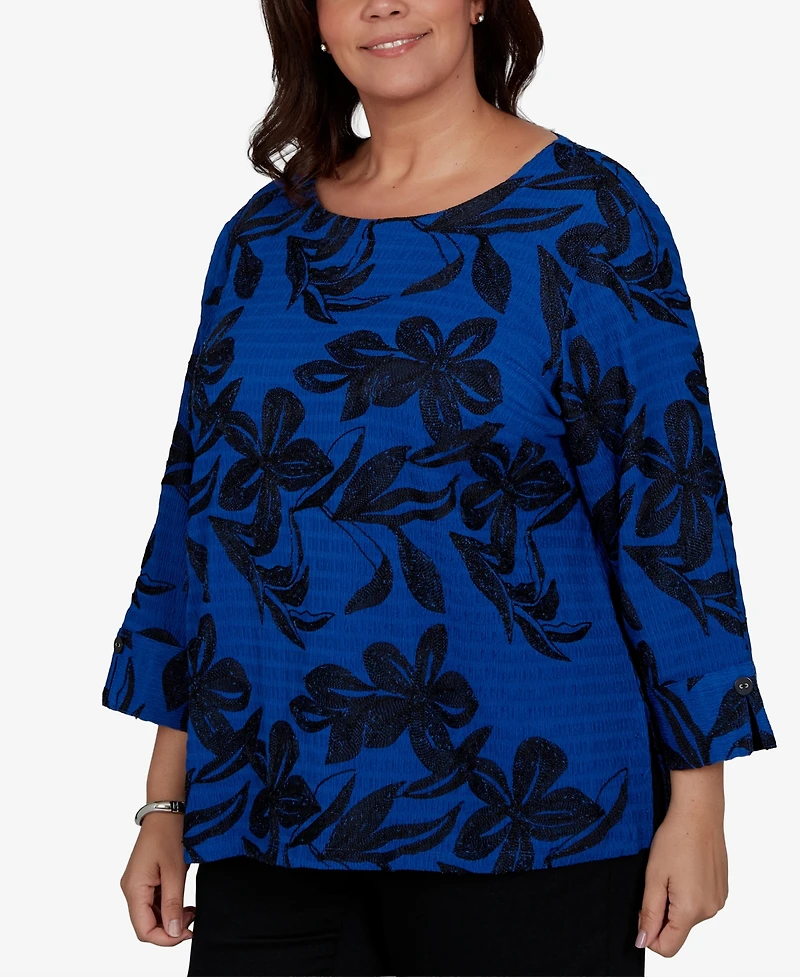 Alfred Dunner Plus Calm Luxe Floral Textured-Knit Boat Neck Blouse