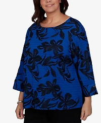 Alfred Dunner Plus Calm Luxe Floral Textured-Knit Boat Neck Blouse