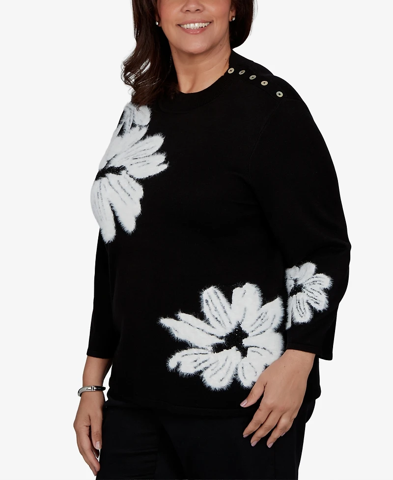 Alfred Dunner Plus 3/4-Sleeve Floral-Print Crewneck Pullover Sweater