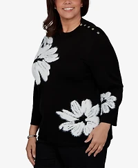 Alfred Dunner Plus 3/4-Sleeve Floral-Print Crewneck Pullover Sweater