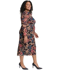 Vince Camuto Plus Ptd Mesh Twist Neck Body Floral-Print Turtleneck Dress