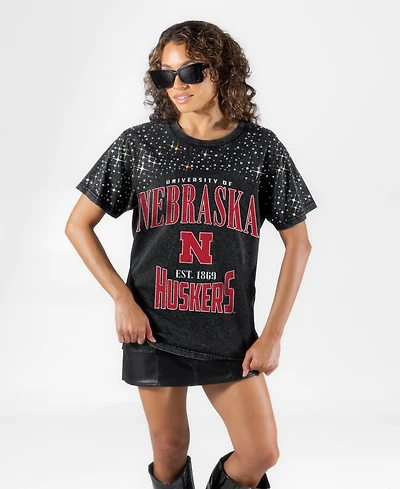 Gameday Couture Women's Nebraska Huskers the Zone Washed Relaxed-Fit Drop-Shoulder Micro Rhinestone T-Shirt