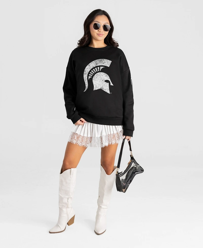 Gameday Couture Women's Michigan State Spartans Bold Move Black Label Distressed-Graphic Dropped-Shoulder Sweatshirt