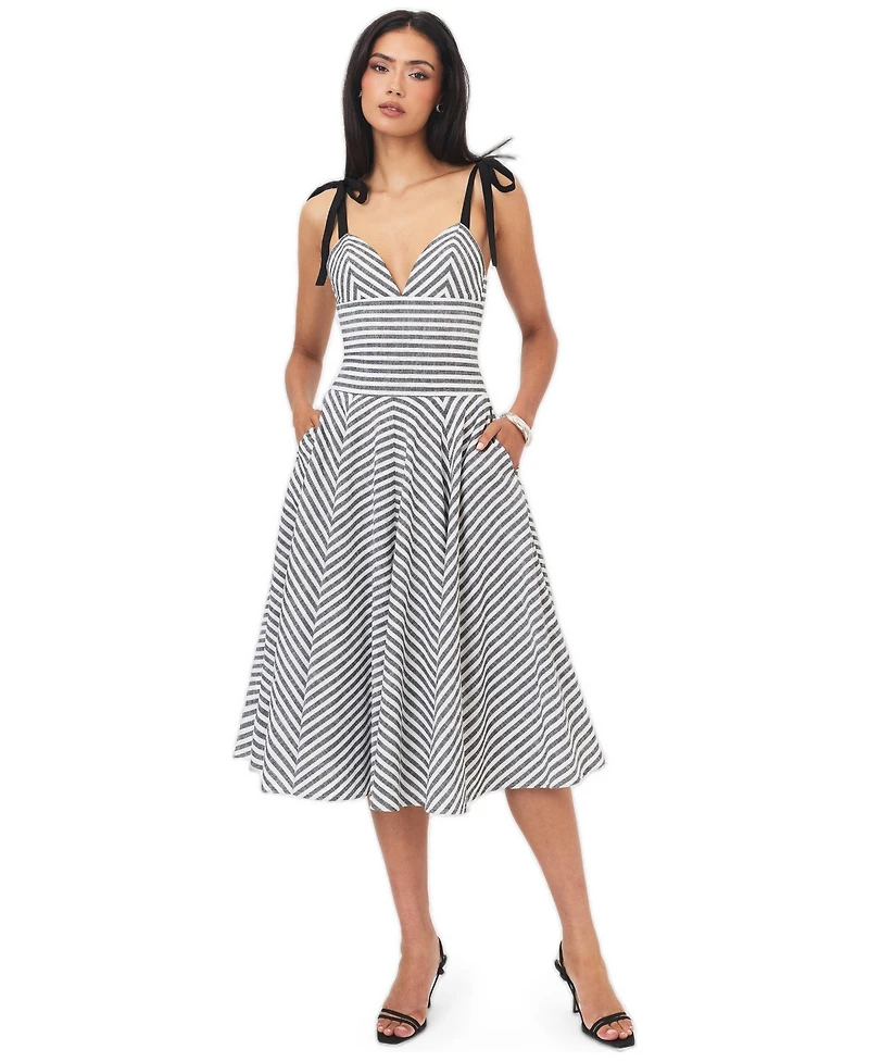 Miss Circle Women's Riley Black and White Striped Linen Flared Midi Dress