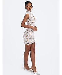 Miss Circle Women's Quinley White Cotton Lace Teardrop Neckline Mini Dress
