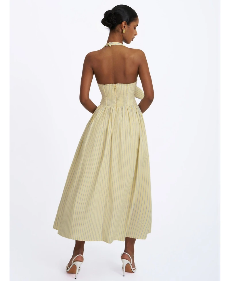 Miss Circle Women's Talise Lemon Yellow Cotton Poplin Stripe Plunging Halter Maxi Dress