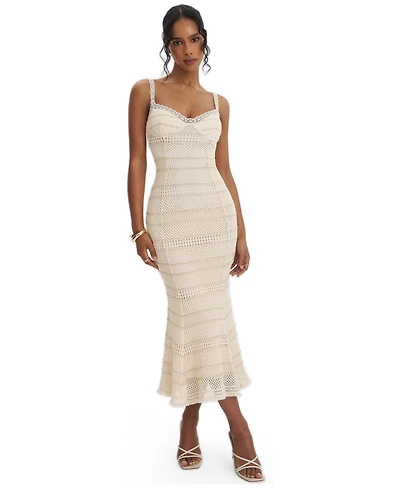 Miss Circle Women's Xiomara Beige and Gold Stripe Crochet Knit Mermaid Midi Dress