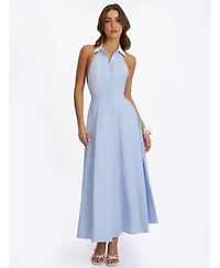 Miss Circle Women's Winslet Sky Blue Striped Cotton Poplin Halter Maxi Dress