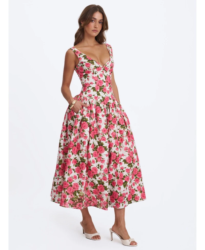 Miss Circle Women's Wilfreda Blooming Pink Floral Linen Sweetheart Midi Dress