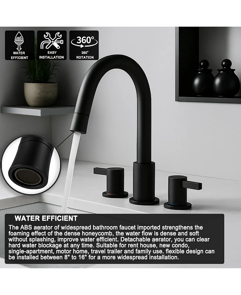 Phying 8 Inch Widespread Bathroom Faucet 2 Handle 3 Hole Vanity Sink Tap with 360 Degree Rotatable Pull-Down Sprayer Modern Bathroom Faucet