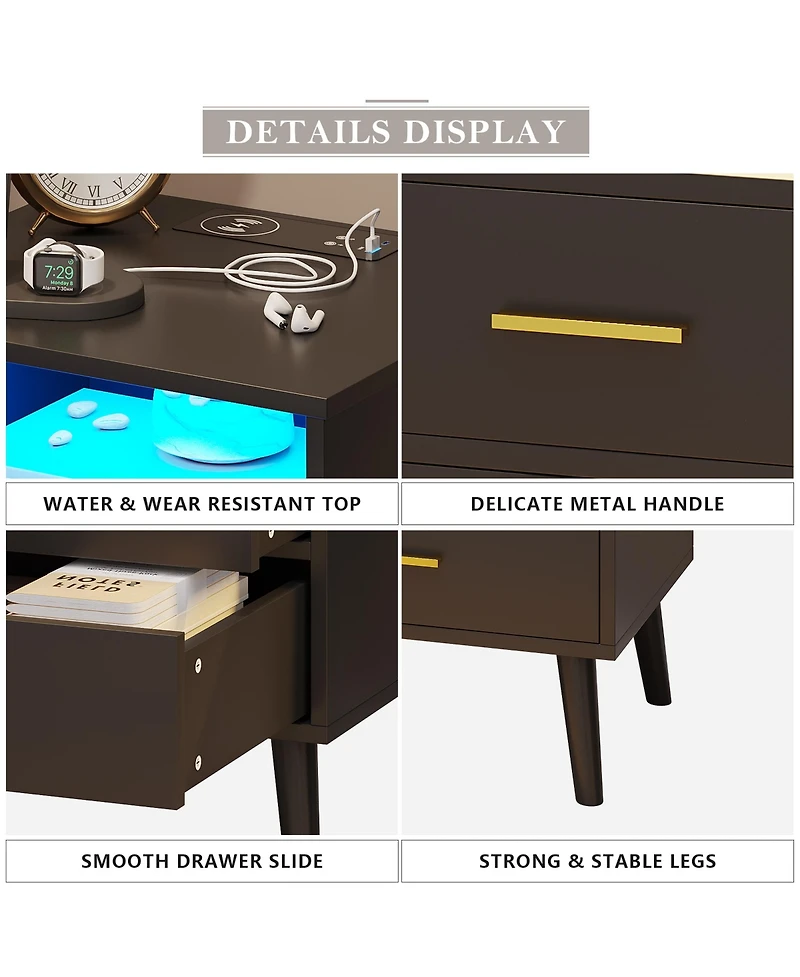 Vlsrka 17.7" W Smart Led Nightstand with 2 Drawers