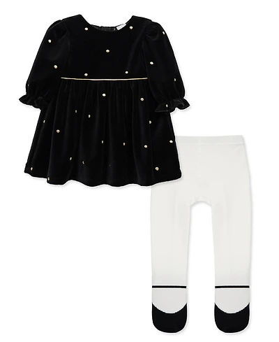 Little Me Baby Girls' Gold Dot Mesh Long-Sleeve Dress and Tights, 2-Piece Set
