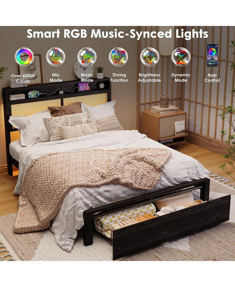 gaomon Rattan Bed Frame with Storage Drawer and Led Lights, Platform Charging Station, Headboard Shelf, Cane Panels