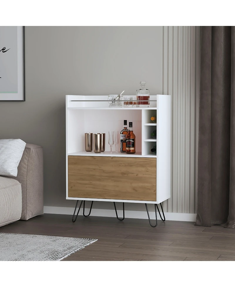 Fm Furniture Otho Bar Cabinet with Drop-Down Door, Wine Storage, Open Shelves, and Hairpin Legs
